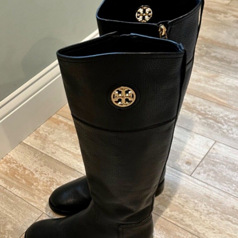 Tory Burch Black Leather Tall Riding Boots with Gold Logo - Picture 1 of 14